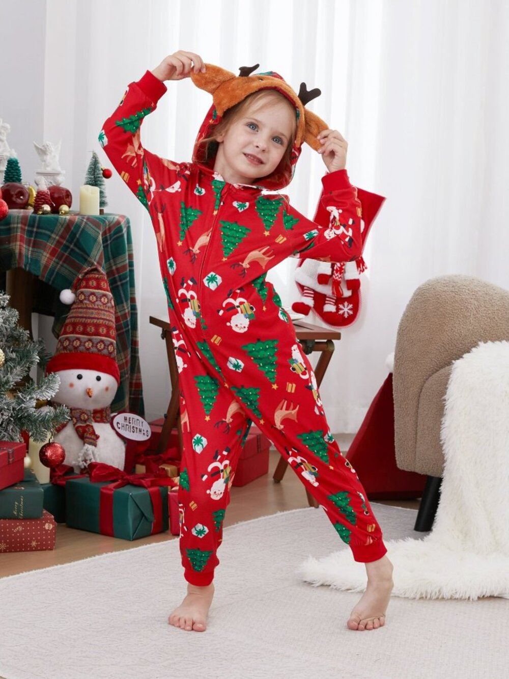PatPat Infant Pajamas Matching Family Christmas Pajamas Red Reindeer Hood
